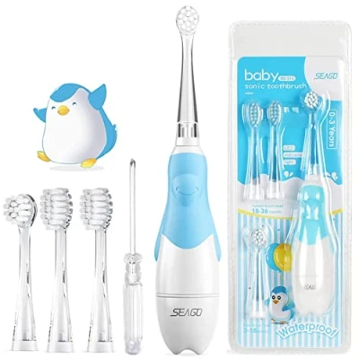 Imagen de Seago SG 513 Cepillo de Dientes Eléctrico Niños Infantil y Bebés 0 a 3 Años con LED Luces,2 Min Temporizador Inteligente,4 Cabezales Intercambiables,Impermeable IPX7 (Bebé Azul)