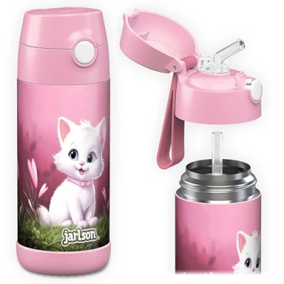 Imagen de Jarlson® botella Agua niños con pajita CHARLI, Botellas Acero Inoxidable termica, sin BPA, a Prueba de Fugas, para la Escuela y Deportes, el Termo, 350 ml