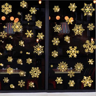 Imagen de Vicor Pegatinas de ventana Navidad, 4 hojas reutilizables, copos nieve dorados para decoración ventanas Navidad