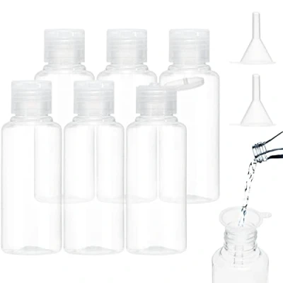 Imagen de BillyBath botellas de viaje para rellenar, 100 ml, 6 unidades líquidas con 2 pequeños embudos, botella plástico transparentes recipiente champú, loción, cosméticos, gel ducha