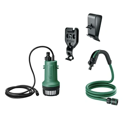 Imagen de Bosch Home and Garden Bomba de agua sumergible inalámbrica GardenPump 18V 2000 (con accesorios para pared y tanque manguera jardín 2,5 m, en embalaje cartón), nuevo diseño Classic Green