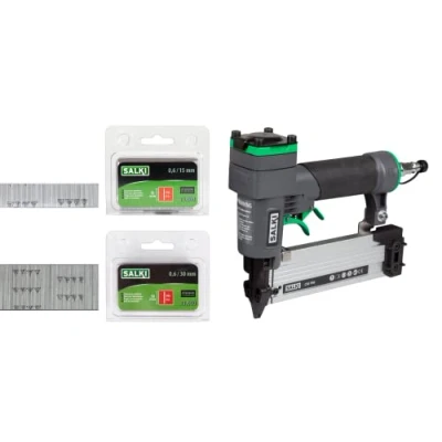 Imagen de SALKI Pack Clavadora CSK P06 + Blister Pin 0,6 15mm y 30mm B Pistola de Clavos Neumática Grapadora para trabajos Carpintería