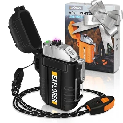 Imagen de lafagiet Encendedor recargable por USB, encendedores de doble arco impermeable para camping, senderismo, kits supervivencia al aire libre (F13 negro)