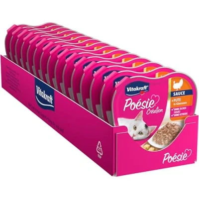Imagen de Vitakraft Poésie Création Comida húmeda para Gatos, con Pavo en Salsa de Queso, canapés Fina, Gatos Adultos, sin azúcar añadida (15 x 85 g)