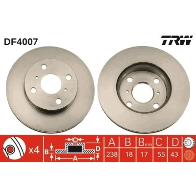 Imagen de TRW DF4007 Disco de freno 238 18 4 100 ventilado barnizado TOYOTA: Starlet V Hatchback, IV Hatchback