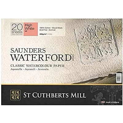 Imagen de Saunders Waterford Series, Bloc Encolado 4 Lados, 31x41cm, Grano Satinado, 300g, 20 Hojas, 100% Algodón Papel de Acuarela, Extra Blanco