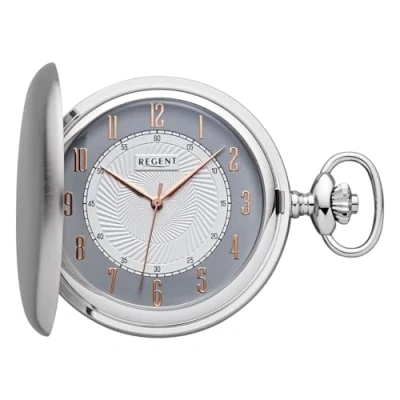 Imagen de REGENT Reloj de bolsillo para hombre Savonnette Tapa Cromado 50 MM Cuarzo Blanco Esfera Gris Números árabes, P 728 Manecillas oro rosa/mate liso, Clásico