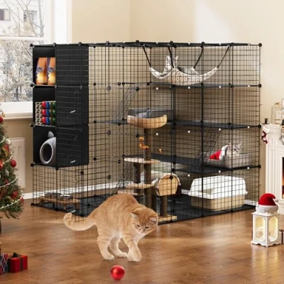 Imagen de YITAHOME Jaula Grande para Gatos con Caja de Almacenamiento, Recinto Metálico Hamaca Grande, Caseta 4 Niveles 1 Gatos, Conejo, Chinchilla, Negro, 140 x cm