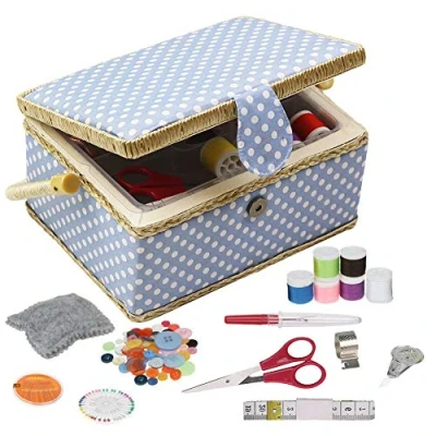 Imagen de D &amp; de costura cesta organizador con accesorios, hogar caja Kit básicos para y viaje, color azul lunares coser kits regalo