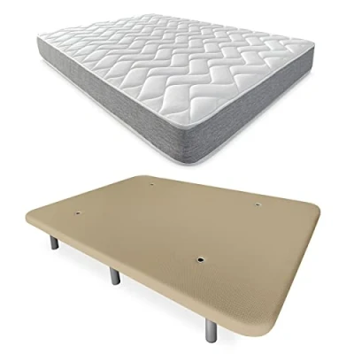 Imagen de DUÉRMETE ONLINE Cama Completa con Colchón Viscotec Reversible Base Tapizada Reforzada 6 Patas, Beige, 135 x 190 cm