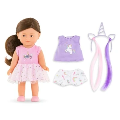 Imagen de Corolle Mini Corolline Romy Unicorn Set de Regalo Incluye muñeca 8 Pulgadas y 3 Accesorios, Camisa, Pantalones Cortos Diadema con Extensiones Pelo, para Edades años en adelante