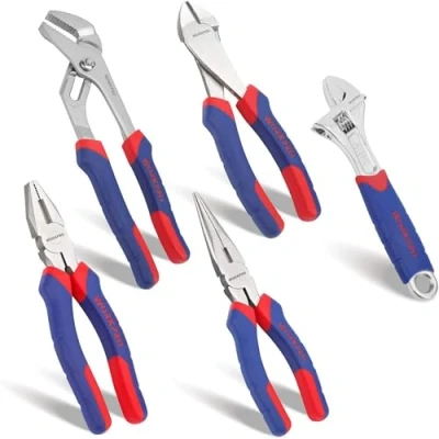 Imagen de WORKPRO Juego de Alicates 5 Piezas, Incluye Diagonal, Universal, Nariz Largo, Llave Ajustable, Extensible para Electricista