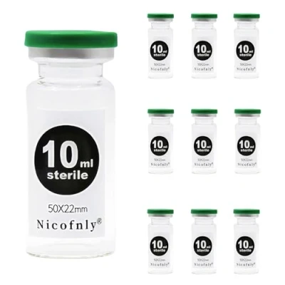 Imagen de Nicofnly Viales estéride vidrio de 10ml, 10 envases 10ml Vial estéril vacío con puerto inyección autocuración y tapa Flip Top, paquete