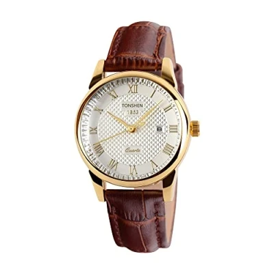 Imagen de TONSHEN Moda Relojes de Mujer Hombre Elegante Analógico Cuarzo Clásico Negocio Pulsera Correa Cuero Y Dorado Acero Inoxidable Bisel Casual Estilo Diseño Simple (Mujer)