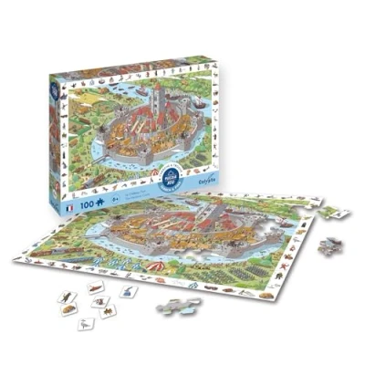 Imagen de Calypto 3907506 Mittelalterburg Puzle Infantil (100 Piezas, con Superficie Aterciopelada, Incluye Juego de búsqueda y póster Rompecabezas, para niños a Partir 6 años, Castillo,