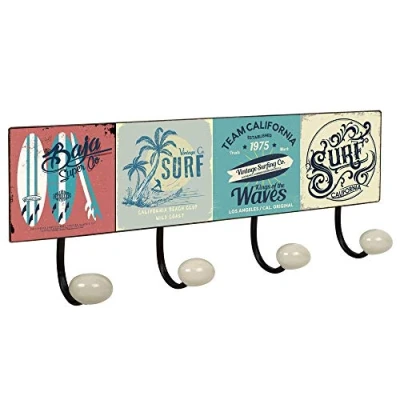 Imagen de PERCHA Pared Vintage 4 Ganchos Porcelana SURF Retro 400x155MM