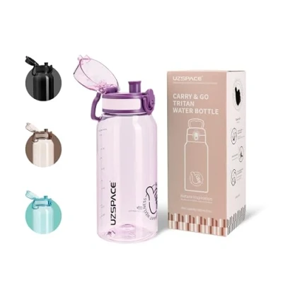 Imagen de UZSPACE botella de agua deportiva para niños, 600 ml, apta uso con gas, escuela, universidad, exterior, a prueba fugas, lavavajillas, escala motivación