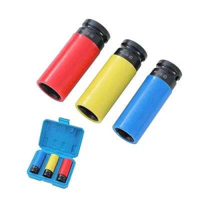 Imagen de TOPWAY 1/2&quot; Juego de Vasos Impacto con Protectores para Llantas Aluminio 3 Piezas 17, 19, 21mm, Acero al Cromo Vanadio, Atornillador 420351
