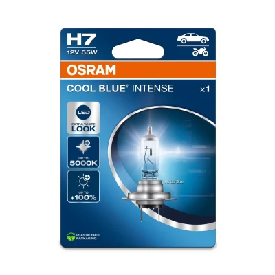 Imagen de OSRAM COOL BLUE INTENSE H7, +100% más de brillo, hasta 5000K, lámpara faro halógena, apariencia LED, Blíster único (1 lámpara)