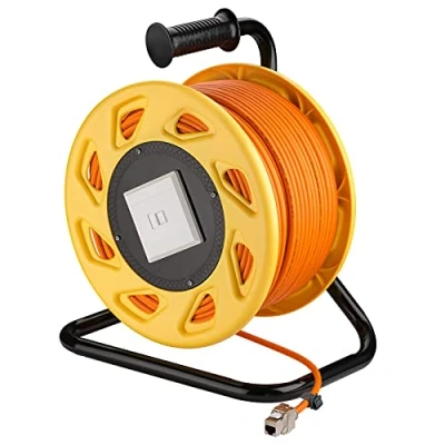 Imagen de goobay 58934 Carrete de Cable Red móvil Cat 7A S/FTP Incl. Conector RJ45 Keystone, apantallado en 2 Pliegues, sin halógenos, 1000MHz, 90m, Naranja