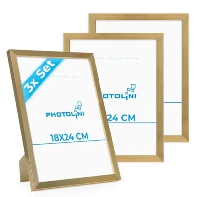 Imagen de PHOTOLINI marcos 18x24 cm oro madera MDF, set de 3 para pósteres, cristal acrílico, colgar y poner pie, incluye accesorios fotos, láminas pósteres