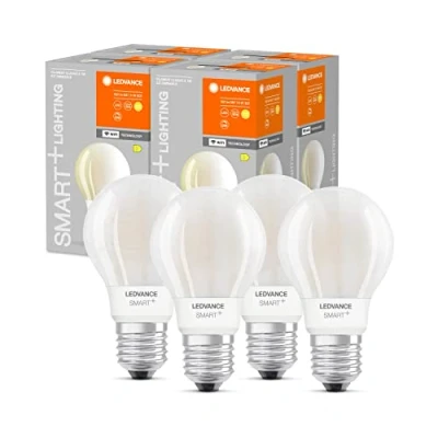 Imagen de LEDVANCE Bombilla LED inteligente con tecnología Wifi, base E27, regulable, blanco cálido (2700K), forma de bombilla, mate, controlable Alexa, Google y App, 4 paquete