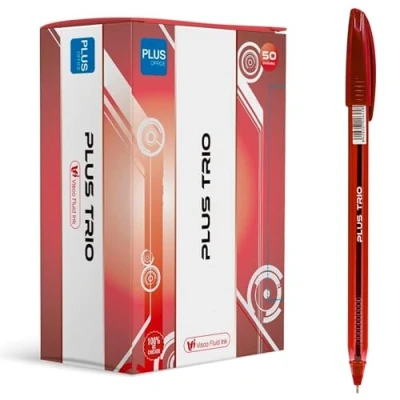 Imagen de PLUS Office Bolígrafos Trio Pack de 50 con Capuchón, Tinta fluida Viscosa, Óptimo para uso oficina, casa y escolar, Color Rojo, Trazo 0,7 mm (50 Rojos)