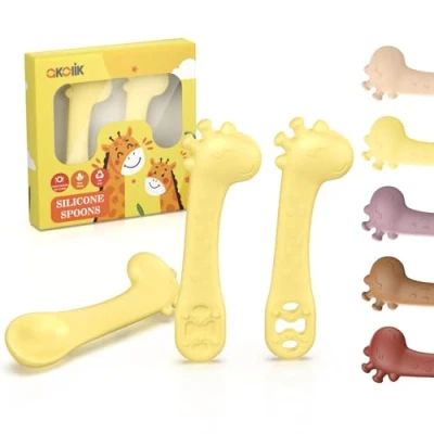 Imagen de akolik PreCucharas para Bebes, 2 Piezas de Cuchara Bebe Aprendizaje Baby, Munchkin Cubiertos Infantiles Jirafas Mordedor bebés y niños pequeños a partir 4 meses (Combinación amarilla)