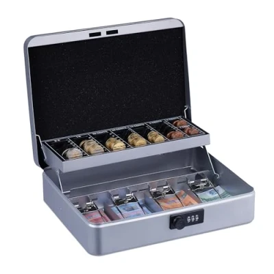 Imagen de Relaxdays Caja Dinero, Combinación 3 Números, Bandeja para Monedas, Cajita Hierro, 8,5 x 30,5 25 cm, Plateado