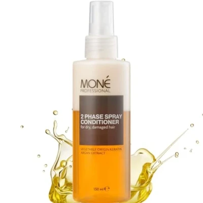 Imagen de MONÉ PROFESSIONAL Acondicionador Bifásico para Cabello Seco y Dañado con Queratina Aceite de Argán Revive Brilla hermoso al instante Spray sin Enjuague 150 ml