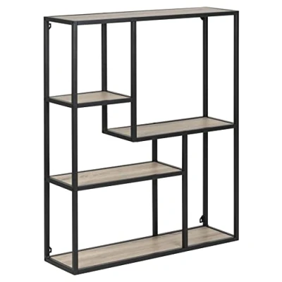 Imagen de AC Design Furniture Jörn Estantería de Pared asimétrica con 4 estantes, Altura 91 x 75 20 cm, Aspecto Roble Sonoma, Negro, Madera y Metal, 1 Unidad.