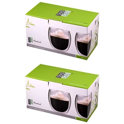Imagen de Feelino Tazas Cafe, 4 x Vasos Cafe Cristal Doble Pared, Tazon Térmico con Leche 400 ml, de Vidrio Pared Aislante para Cappuccino y Te, Transparente
