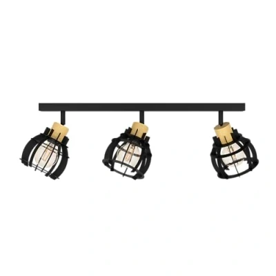 Imagen de Eglo Stillington 1 lámpara de techo 3 luces con focos orientables, FSC100HB, para estilo industrial, metal negro y madera al natural, foco casquillo E27