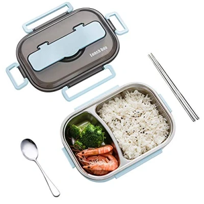 Imagen de amropi Acero Inoxidable Fiambrera Contenedores de Alimentos Apta para lavavajillas Bento Comida Caja Almuerzo con Cuchara(Azul,2 Compartimentos)