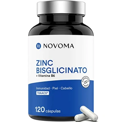 Imagen de Zinc Bisglicinato TRAACS 15 mg + Vitamina B6 Bioactiva Altamente Biodisponible y Dosis Elevada Sistema Inmunológico 120 Cápsulas Fabricado en Francia NOVOMA (ex Nutrivita)