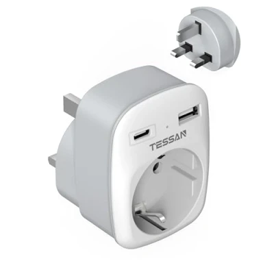 Imagen de TESSAN Adaptador Enchufe UK, Ingles a Español con 2 USB, Irlanda para Reino Unido Inglaterra Escocia Britanico Maldivas, EU to UK Plug Tipo G