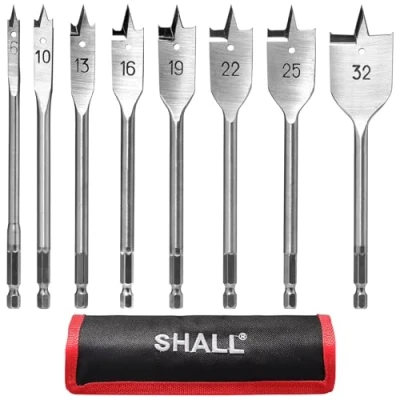 Imagen de SHALL 8 piezas Juego de Brocas Pala, vástago hexagonal cambio rápido 1/4 pulgada, Ø 6 32 mm, broca plana para madera, con bolsa almacenamiento