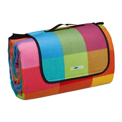 Imagen de Relaxdays Manta Pícnic XXL, 200x300 cm, Estera Césped Forro Polar a Cuadros, Aislante e Impermeable, con Asa, Multicolor, Poliéster