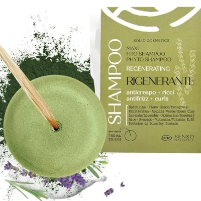 Imagen de Senso Naturale Champu Sólido Regenerador Antiencrespamiento para Cabello Rizado, 100% Ecológico, Vegano, Bio, Natural con Espirulina, Alholva, Arcilla Verde, PH 4.5 5.5