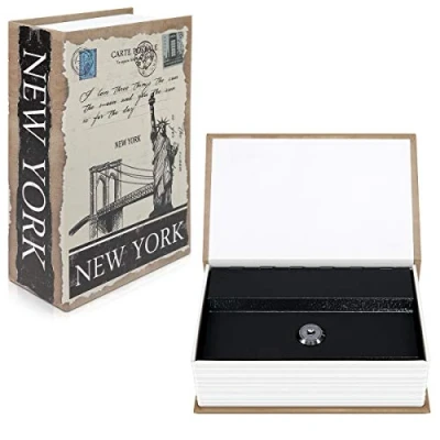 Imagen de Navaris Caja fuerte Con forma de libro caudales escondida para guardar dinero joyas relojes diseño Nueva York y 2 llaves S