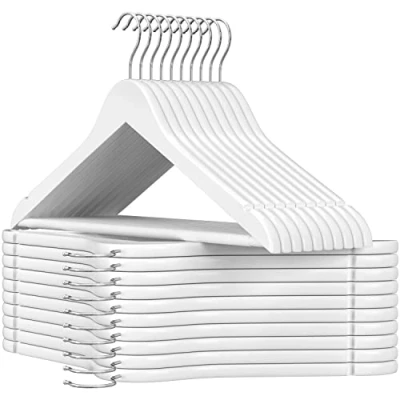 Imagen de SONGMICS Percha de Madera Maciza, Juego 20, con Ranuras para Hombros, Barra Antideslizante Pantalones, Gancho Giratorio 360, Trajes, Camisas, Abrigos, Blanco y Plata CRW03W 20