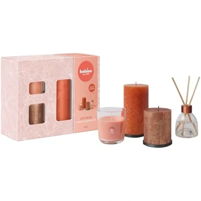Imagen de Bolsius Velas rústicas de pilar con difusor varillas y vela perfumada Juego regalo 4 unidades Juicy Bliss Melocotón decorativas para el hogar Largo tiempo combustión