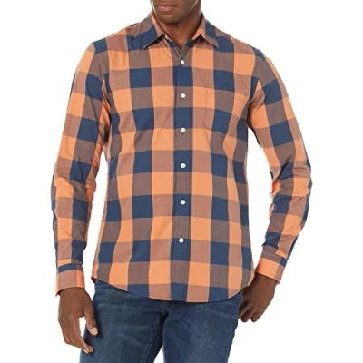 Imagen de Amazon Essentials Camisa de Popelín Manga Larga y Ajuste Entallado Hombre, Azul Naranja Búfalo, XXL