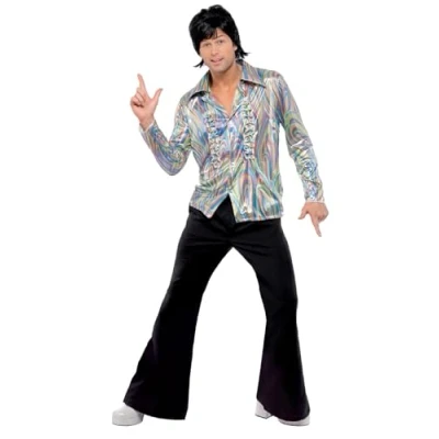 Imagen de Smiffys Disfraz retro de los 70, negro, con estampado psicodélico, camisa y pantalones campana