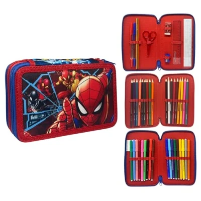 Imagen de CARTOON Estuche de 3 cremalleras completo 44 piezas para la escuela, multicompartimento, bolígrafos, lápices, colores, rotuladores Giotto, Spiderman., Moderno