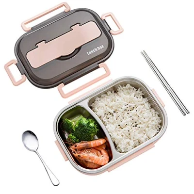 Imagen de amropi Acero Inoxidable Fiambrera Contenedores de Alimentos Apta para lavavajillas Bento Comida Caja Almuerzo con Cuchara(Rosa,2 Compartimentos)