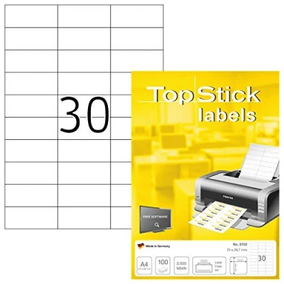Imagen de TopStick 8703 etiquetas autoadhesivas universales A4 pequeño (70 x 29,7 mm, papel) 100 hojas, 30 por hoja, 3000 etiquetas, para impresoras inkjet y láser