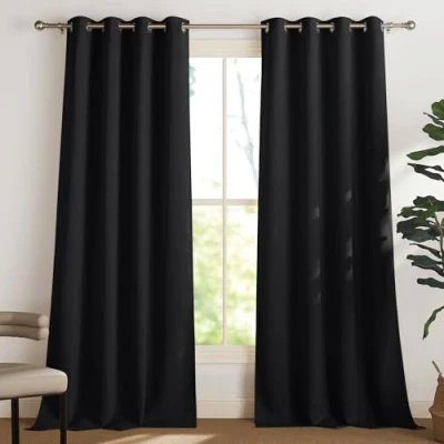 Imagen de PONY DANCE Cortinas Negras con Ojales Termicas Aislantes Frio y Calor Opacas Luz 2 Piezas Dormitorio para Habitacion Matrimonio, 140x245 CM