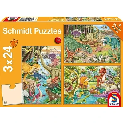 Imagen de Schmidt Spiele 56465 Divertido con los Dinosaurios, Puzzle Infantil de 3 Veces 24 Piezas, Rompecabezas