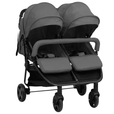 Imagen de vidaXL Carrito para Gemelos Cochecito Sillita Gemelar Silla de Paseo Canasta Niños Reposapiés Ajustable Dosel Plegable Acero Gris Oscuro y Negro